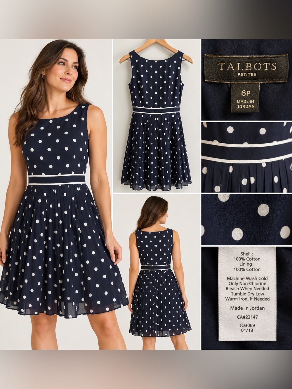 Talbots Petites Navy Polka Dot Pleated Fit & Flare Dress Size 6P